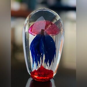 PAPERWEIGHT, MURANO GLASS, Artistic Glass Jellyfish Sculpture in Red and Blue